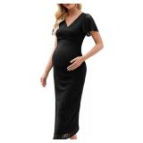 AISWI Maternity Cocktail Dress Sparkly Mesh Wrap Bodycon Baby Shower Wedding Guest Pregnancy Shoot Fall V Neck Formal Short Sleeves, Black, Large