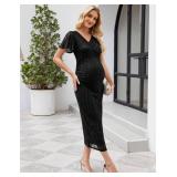 AISWI Maternity Cocktail Dress Sparkly Mesh Wrap Bodycon Baby Shower Wedding Guest Pregnancy Shoot Fall V Neck Formal Short Sleeves, Black, Large