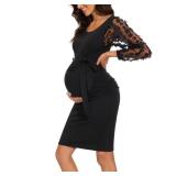 Floral Mesh Bishop Long Sleeve Maternity Midi Dress, Fall Maternity Bodycon Dress for Baby Shower Black Large