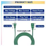 15FT Green Outdoor Extension Cord, Christmas Light Extension Cord Outside, Male to Female 2 Prong Power Cable Cords 250V 6A for Outdoor Indoor Christmas Tree Lighting Landscaping Holiday Party Decor