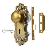ToPToToo Mortise Lock Set for Interior Door, Vintage Door Knob with Lock and Skeleton Key, Antique Old Style Door Knob Lock Replacement, Vintage Brass Finish