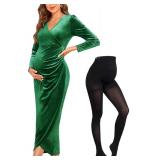AISWI Velvet Maternity Cocktail Dress Long Sleeves Fall Winter Baby Shower Wedding Guest Holiday Pregnancy V Neck with Tights, Emerald Green & Black, Large