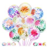 50 Pieces Flower Print Confetti Balloons 12 Inch Colorful Clear Floral Latex Balloon with Balloon Holder Sticks Spring Summer Tropical Picnic Wedding Birthday Graduation Bridal Shower Party Supplies
