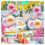 50 Pieces Flower Print Confetti Balloons 12 Inch Colorful Clear Floral Latex Balloon with Balloon Holder Sticks Spring Summer Tropical Picnic Wedding Birthday Graduation Bridal Shower Party Supplies