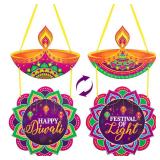 Happy Diwali Decoration Wood Diwali Door Wreath for Front Door Sign Wall Signs Double-sided Printing, Welcome Door Wall Signs Festival of Light Ornaments Hanging Crafts for Home Party Porch Decor Sign