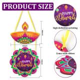 Happy Diwali Decoration Wood Diwali Door Wreath for Front Door Sign Wall Signs Double-sided Printing, Welcome Door Wall Signs Festival of Light Ornaments Hanging Crafts for Home Party Porch Decor Sign