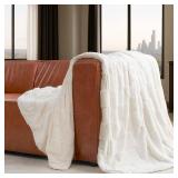 Cozy Bliss Checkered White Faux Rabbit Fur Throw Blanket, Soft Fuzzy Fluffy Minky Cream Furry Blankets for Couch, Bed (50 * 60 Inches Ivory)