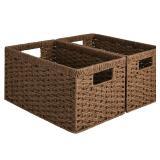 StorageWorks Round Paper Rope Storage Baskets, Rectangular Wicker Baskets with Built-in Handles, Medium, 2-Pack