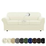 Pfrstuv 100% WaterproofCouch Cover 4-Piece Set Striped Sofa Slipcovers for 3 Cushion Couch Sofa Covers with TPU Leakproof Bottom Stretch Couch Protector Pet Proof - Sofa(3-Cushion), Ivory