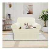 Pfrstuv Waterproof Chair Cover with Arms 2-Piece Set Striped Slipcover for 1 Separate T Cushion Couch - TPU Fabric Armchair Covers Leakproof Couch Protector for Kids, Pets(Chair, Ivory)