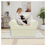 Pfrstuv Waterproof Chair Cover with Arms 2-Piece Set Striped Slipcover for 1 Separate T Cushion Couch - TPU Fabric Armchair Covers Leakproof Couch Protector for Kids, Pets(Chair, Ivory)