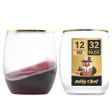 JOLLY CHEF 32 Pack 12oz Gold Plastic Wine Glasses Stemless, Disposable Wine Cupsty, Disposable Plastic Wine Cups for Party, Halloween, Christmas, Thanksgiving