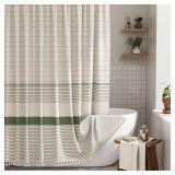 AmazerBath Boho Shower Curtain, Modern Farmhouse Shower Curtain Set with Tassels, Rustic Faux Linen Green Striped Shower Curtain with Hooks, Light Tan Toned, 72x72 Inches