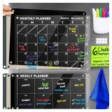Acrylic Calendar for Fridge - Magnetic Calendar for Refrigerator - 2pc Family Refrigerator Magnetic Dry Erase Planning Board Monthly Weekly - Fridge Calendar - 6 Liquid Chalk Markers & 3 Backgrounds
