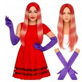 Yearntown Fish Wigs Halloween Fish Costume Anime Character Cosplay 26 Inches Rose Red Gradient Long Wavy Wig Purple Gloves for Halloween Dress up Party Accessories