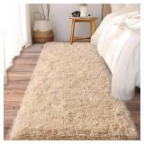 Ailyei Soft Runner Rugs for Bedroom Hallways, 2x6 Beige Fluffy Shag Throw Area Rug Non Slip for Bedside Dorm, Long Shaggy Furry Carpet for Nursery Living Room