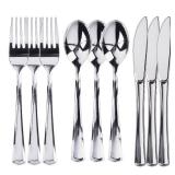 Prestee 300 Piece Heavy Duty Plastic Silverware Set - 100 of Each Silver Plasticware Forks, Spoons, Knives - Flatware Cutlery for Weddings - Durable Disposable Plastic Utensils for Catering, Buffets