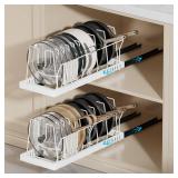 Magheo 2 Pack Pots and Pans Organizer Under Cabinet, 22" Deep Expandable Pull Out Pot Lid Organizer and Storage with 10 Adjustable Dividers No Drill Pot and Pan Holder Rack with Handle Bracket(White)