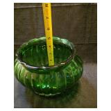Green Glass Rose Bowl with Silver Trim