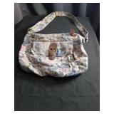Floral Canvas Shoulder Bag with Brown Leather Accents