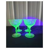 Uranium Glass Champagne Coupes with Etched Floral Design 1 has a chip