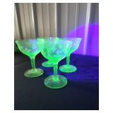 Uranium Glass Champagne Coupes with Etched Floral Design 1 has a chip