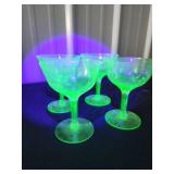 Uranium Glass Champagne Coupes with Etched Floral Design 1 has a chip
