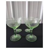 Uranium Glass Champagne Coupes with Etched Floral Design 1 has a chip
