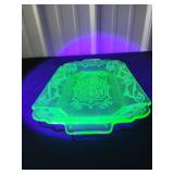 Uranium Glass Candy Dish with Ornate Pattern