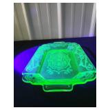 Uranium Glass Candy Dish with Ornate Pattern