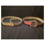 Western Style Pink Leather Belt with Crystal Accents and white belt