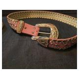 Western Style Pink Leather Belt with Crystal Accents and white belt