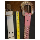 Western Style Pink Leather Belt with Crystal Accents and white belt