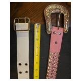 Western Style Pink Leather Belt with Crystal Accents and white belt