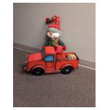 Snowman in Red Pickup Truck Christmas Decoration