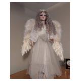 2 ft tall Beautiful Angel Porcelain Doll with Feather Wings and Real Hair in a Lace Dress with Porcelain limbs
