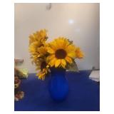 Cobalt Blue Glass Vase with Artificial Sunflowers