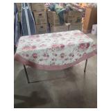 Pink Floral Round Tablecloth with Gingham Border