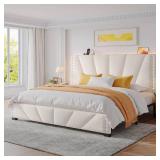 Retails for $200! EnHomee King Size Bed Frame, Velvet Bed Frame with Headboard and Led Light, Platform Bed Frame for Bedroom Apartment, Dorm, Noise-Free, Easy Assembly, Beige