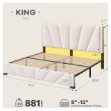 Retails for $200! EnHomee King Size Bed Frame, Velvet Bed Frame with Headboard and Led Light, Platform Bed Frame for Bedroom Apartment, Dorm, Noise-Free, Easy Assembly, Beige