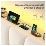 Retails for $200! EnHomee King Size Bed Frame, Velvet Bed Frame with Headboard and Led Light, Platform Bed Frame for Bedroom Apartment, Dorm, Noise-Free, Easy Assembly, Beige