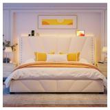 Retails for $200! EnHomee King Size Bed Frame, Velvet Bed Frame with Headboard and Led Light, Platform Bed Frame for Bedroom Apartment, Dorm, Noise-Free, Easy Assembly, Beige