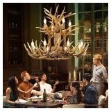 Retails for $400! Farmhouse Antler Chandelier 12-Light,Vintage Antler Chandeliers Lighting, Retro Antler Ceiling Pendant Light Fixture 2-Tier for Home Store Coffee Bar (12 Lamps arms + 3arms)