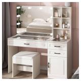 Retails for $220! Fameill White Vanity Desk with Mirror and Lights,Glass Top Vanity Table with 3 Drawers and Cabinets,Large HD Mirror Makeup Desk,3 Lighting Modes, Brightness Adjustable,45 in(L)