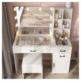 Retails for $220! Fameill White Vanity Desk with Mirror and Lights,Glass Top Vanity Table with 3 Drawers and Cabinets,Large HD Mirror Makeup Desk,3 Lighting Modes, Brightness Adjustable,45 in(L)
