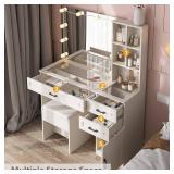 Retails for $220! Fameill White Vanity Desk with Mirror and Lights,Glass Top Vanity Table with 3 Drawers and Cabinets,Large HD Mirror Makeup Desk,3 Lighting Modes, Brightness Adjustable,45 in(L)