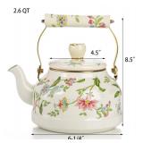 Jucoan 2.6 Quart Vintage Enamel Tea Kettle, Green Floral Stovetop Water Kettle Teapot with Porcelain Handle for Home Kitchen Camping Tea Party, Gift for Bridal Shower Wedding Housewarming
