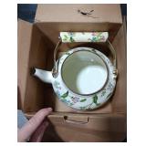 Jucoan 2.6 Quart Vintage Enamel Tea Kettle, Green Floral Stovetop Water Kettle Teapot with Porcelain Handle for Home Kitchen Camping Tea Party, Gift for Bridal Shower Wedding Housewarming
