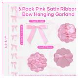 Pink Satin Ribbon Bow Hanging Garland, Bow Garland Bows Party Hanging Decortions, Girls Bows Birthday Baby Shower Decorations, Tying The Knot Bridal Shower Bachelorette Party Decor
