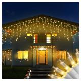RECESKY 100 Christmas Icicle Lights - 7.7ft Warm White Curtain String Light for Outdoor, Indoor Decor - Fairy Mini Bulb Lighting for Bedroom, Window, House, Garland, Xmas, Christmas Tree Decorations
